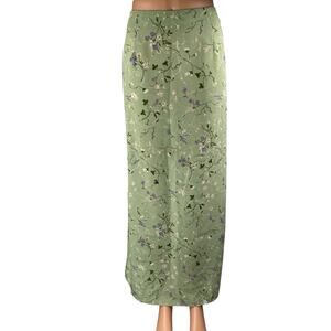 Vintage La Belle Green Floral High Waisted Side Slit Straight Maxi Slip Skirt 11